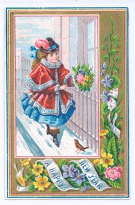 Een Victoriaanse nieuwjaarskaart van een meisje gekleed in een bont gevoerde cape met een boeket bloemen die door de sneeuw loopt, ca. 1880 door English School