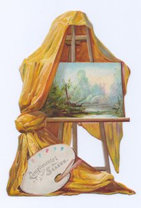 Een Victoriaanse uitgestanste kaart van een schilderij op een schildersezel met een doek erop, ca. 1880