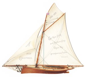 Een Victoriaanse gestanste driedimensionale kerstkaart van een zeilboot, ca. 1880 (kleurenlitho)