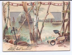 Een Victoriaanse wenskaart van zeilschepen gezien door een gaasscherm, ca. 1880