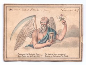Victoriaanse wenskaart van de magere Hein met een zeis en zandloper die een roos vasthoudt, ca. 1815 (kleur litho)