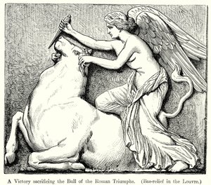 Een overwinning die de stier van de Romeinse triomfen offert. (Bas-Reliëf in het Louvre) (gravure)