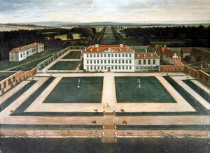 Een uitzicht op Capesthorne Hall, Cheshire, ca. 1730 door English School