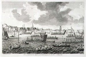 Een Uitzicht op Gravesend in Kent, met Troepen die de Theems oversteken naar Tilbury Fort door English School