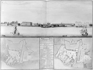 Gezicht op de scheepswerf van Zijne Majesteit in Portsmouth genomen vanaf de overkant van de Nieuwe Dok, 1698