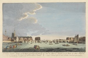 Een uitzicht op London Bridge met de ruïnes van de tijdelijke brug na de brand van 11 april 1758 (gekleurde gravure) door English School