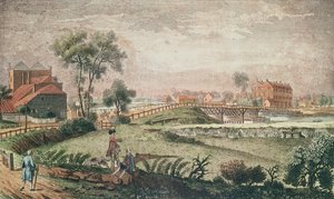 Een westelijk uitzicht op Chelsea Bridge, 1761 door English School
