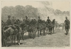 Een batterij van de Koninklijke Rijdende Artillerie vuurt een saluut in Hyde Park toen de klokken de opening van het Imperial Institute aankondigden door English School