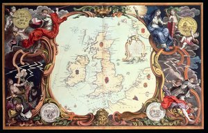 Een kaart die de verschillende actieplaatsen tussen de Engelse en Spaanse vloten toont, met de plaatsen waar verschillende Spaanse schepen werden vernietigd tijdens hun terugkeer naar Spanje, gepubliceerd in 1739, door John Pine