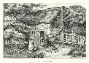 Een huiselijk tafereel (gravure) door English School
