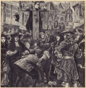 Een menigte verzameld voor een man die in de schandpaal staat door English School