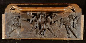 Een beschadigde misericord die drie mannen toont die vechten met dolken en zwaarden, New College Chapel, Oxford, laat 14e eeuw (hout)