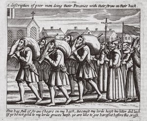 Een beschrijving van arme mannen die hun boetedoening doen met stro op hun rug, illustratie uit Handelingen en Monumenten van John Foxe, negende editie, uitgegeven 1684