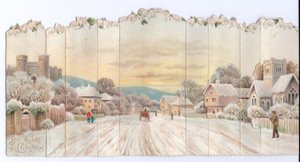 Een opvouwbare concertina Victoriaanse kerstkaart van een kasteel en kerk en een man die een schop draagt in de sneeuw, ca. 1880 door English School