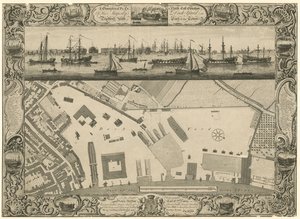 Een geometrisch plan en noordoostelijke elevatie van de scheepswerf van Zijne Majesteit in Deptford met een deel van de stad door English School
