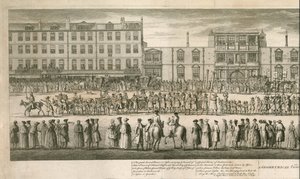 Een geometrisch uitzicht op de grote processie van de Scald Miserable Masons, Somerset House, Londen door English School
