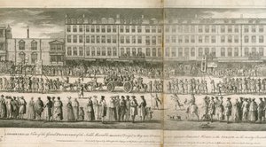 Een geometrisch uitzicht op de grote processie van de Scald Miserable Masons, Somerset House, Londen door English School