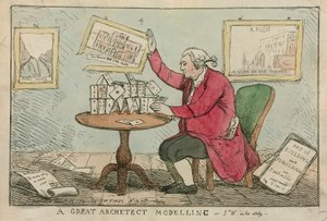 Een grote architect aan het modelleren - cartoon van Sir William Chambers, architect van Somerset House