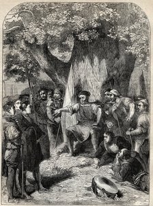 Een groep dissidenten in Norfolk tijdens de opstand van Robert Kett in 1549 - opstand in Norfolk, Engeland tijdens het bewind van Edward VI - Ket de Leerlooier (1492-1549) toesprekend zijn volgelingen onder de Eik van hervorming - Gravure uit 