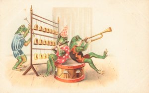 Een groep muzikale kikkers
