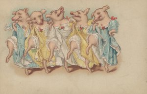 Een groep varkens die in een rij dansen door English School