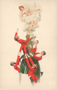 Een groep mannen in rode jasjes klimt op een champagnefles door English School
