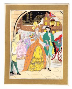 Een met de hand gekleurde Franse Pochoir kerstkaart met een lakei die een paar bezoekers in Regency-kleding begroet, circa 1920