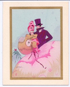 Een met de hand gekleurde Franse Pochoir kerstkaart van een Regency-dame met een mof, vergezeld door een heer met een hoge hoed, circa 1920 door English School