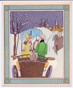Een Handgekleurde Franse Pochoir Kerstkaart van een Rencecy Koppel in een Open Koets die door de Sneeuw Rijdt, ca. 1920