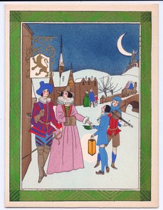 Een met de hand gekleurde Franse Pochoir-kerstkaart van een Tudor-scène van straatmuzikanten die worden beloond voor hun optreden door English School