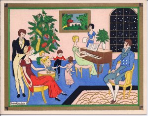Een met de hand gekleurde Franse Pochoir kerstkaart van een kerstfeest van een Regency-familie, met dans en muzikale entertainment