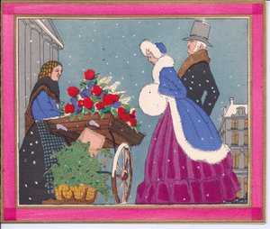 Een handgekleurde Franse Pochoir kerstkaart van een Victoriaanse bloemenverkoopster, die haar kruiwagen met rozen aan voorbijgangers toont, circa 1920