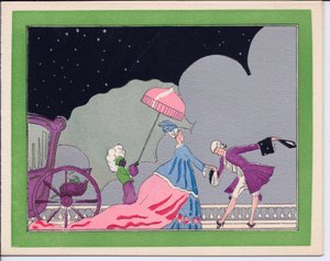 Een met de hand gekleurde Franse Pochoir kerstkaart van een hoveling die buigt voor een grote dame, bijgestaan door haar zwarte dienaar die een paraplu vasthoudt om haar tegen de sneeuw te beschermen, circa 1920