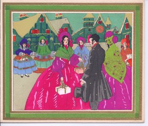 Een met de hand gekleurde Franse Pochoir kerstkaart van een groep dames in crinolines en hoeden die praten met een heer met een hoge hoed, circa 1920