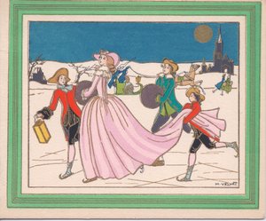 Een met de hand gekleurde Franse Pochoir kerstkaart van een dame in een vloeiende roze jurk die schaatst met bedienden die een lantaarn en haar sleep vasthouden, circa 1920