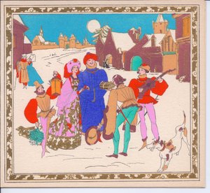 Een met de hand gekleurde Franse Pochoir kerstkaart van een paar Elizabethaanse straatmuzikanten die een heer en dame vermaken, terwijl hun page een lantaarn vasthoudt, circa 1920