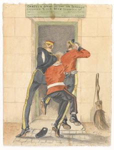 Een Huzaar, een Infanterist en een Dragonder, allen in Ongeklede Uniform, die Strijden voor de Ingang van een Kantine, ca. 1890
