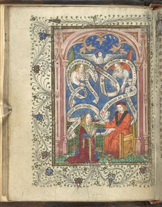 Een knielende leerling, mogelijk de auteur voorstellend, Norton, die een boek ontvangt van zijn meester, met engelen, geschreven rollen en een duif erboven. Ordinaal van Alchemie. Thomas Norton 4e kwart van de 15e eeuw