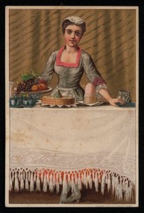 Een dienstmeisje dekt een tafel met eten, wenskaart door English School