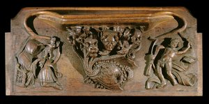 Een misericord die een ingewikkeld gesneden hydra toont, symbolisch voor de zeven hoofdzonden, met een realistisch menselijk hoofd, New College Chapel, Oxford, laat 14e eeuw (hout)