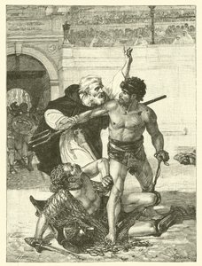 Een monnik, Telemachus, probeert de gladiatorenspelen in het Colosseum, Rome te stoppen (gravure)