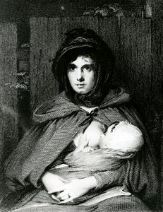 Een moeder die haar baby borstvoeding geeft (gravure)