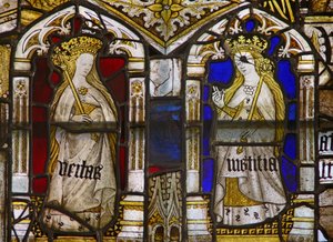 Een paneel in het oostelijke raam met de Kardinale Deugden: Waarheid (Veritas) en Gerechtigheid (Iustitia) door English School