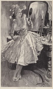 Een pantomimekoningin die de laatste hand legt aan haar make-up door English School