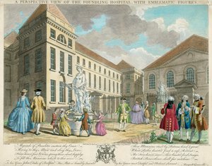 Een perspectivisch zicht op het Foundling Hospital met symbolische figuren