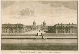 Een perspectivisch uitzicht op het Koninklijk Hospitaal in Greenwich, Londen door English School