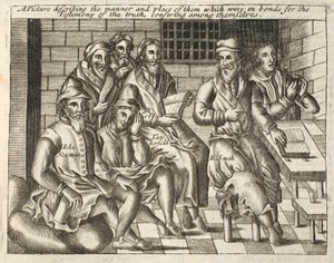 Een afbeelding die de manier en plaats beschrijft van degenen die in boeien zaten voor het getuigenis van de waarheid, onderling overleggend, illustratie uit Handelingen en Monumenten van John Foxe, negende editie, uitgegeven 1684