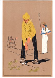 Een prent van twee golfers in komische en humoristische houdingen, c.1920