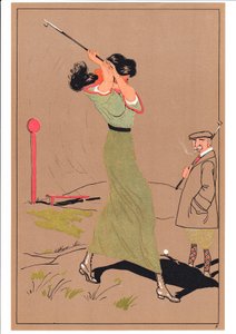 Een prent van twee golfers in komische en humoristische houdingen, ca. 1920