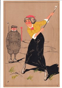 Een prent van twee golfers in komische en humoristische houdingen, ca. 1920